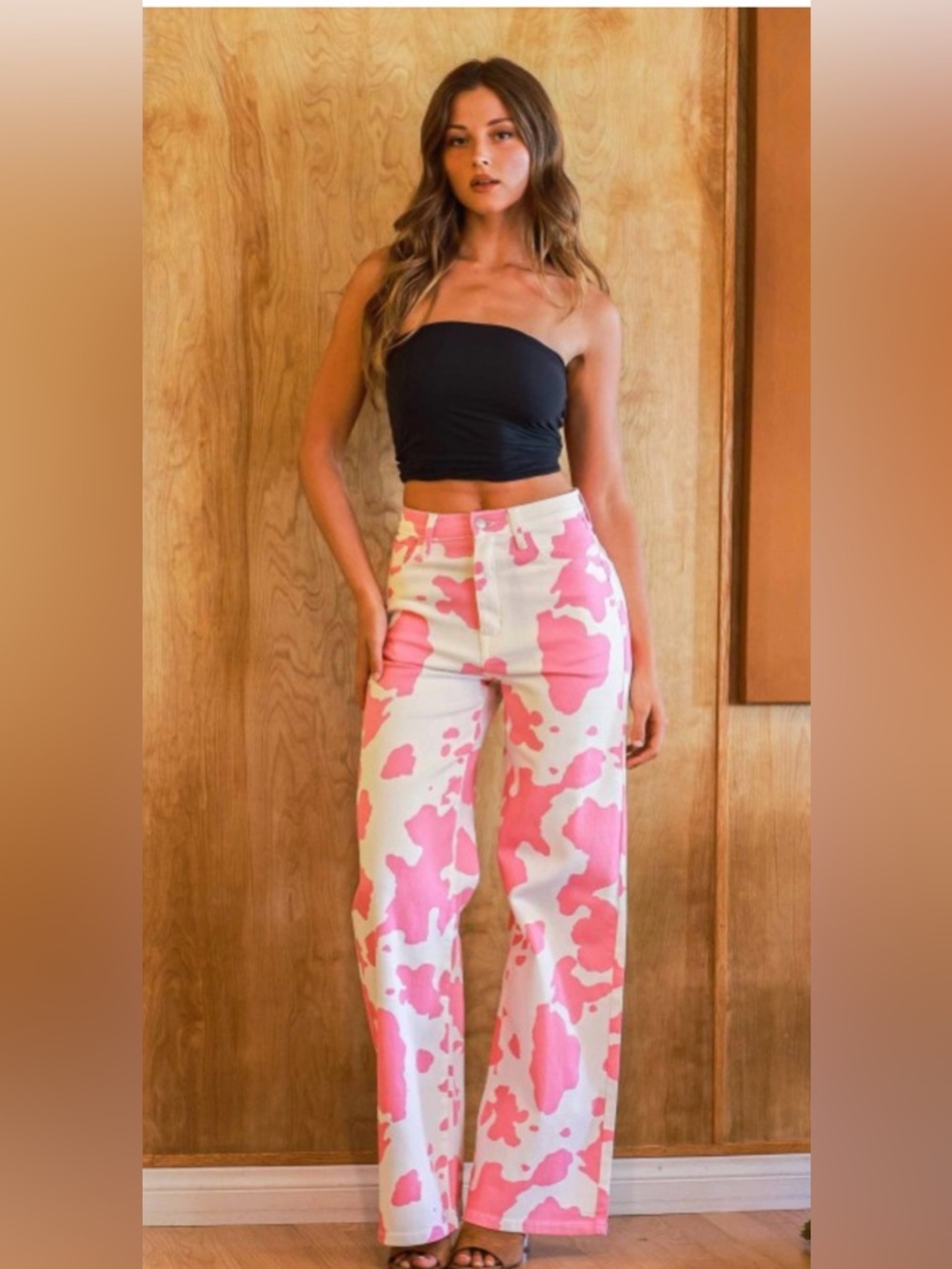 Vibrant Pink Cow Print Wide-Leg Jeans